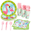 144-Piece Pink Flamingo Birthday Party Supplies, Paper Plates, Napkins, Cups, Cutlery for Summer Hawaiian Themed Party